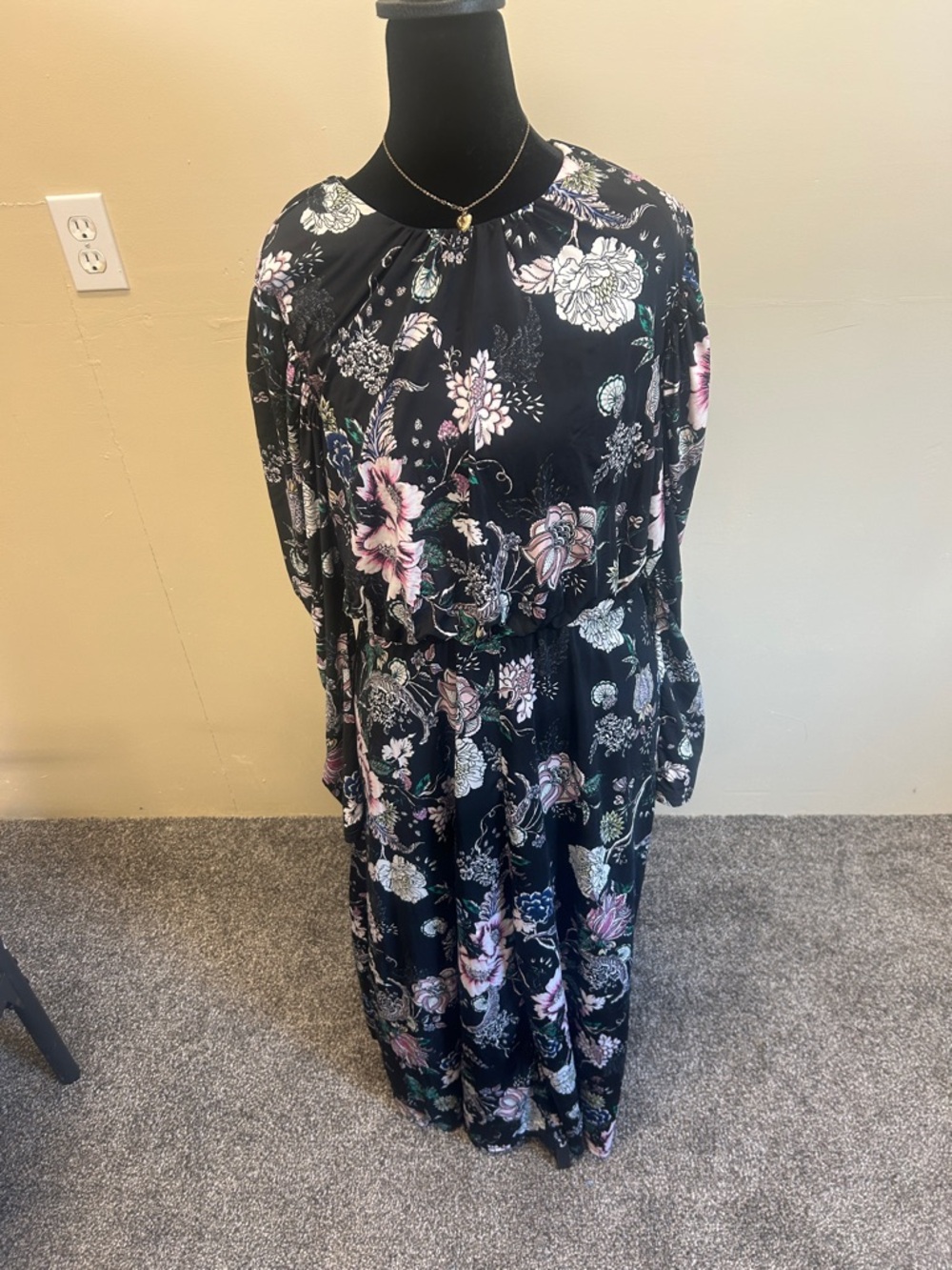 AFRM Black Floral Maxi Dress with Pink and White Blooms